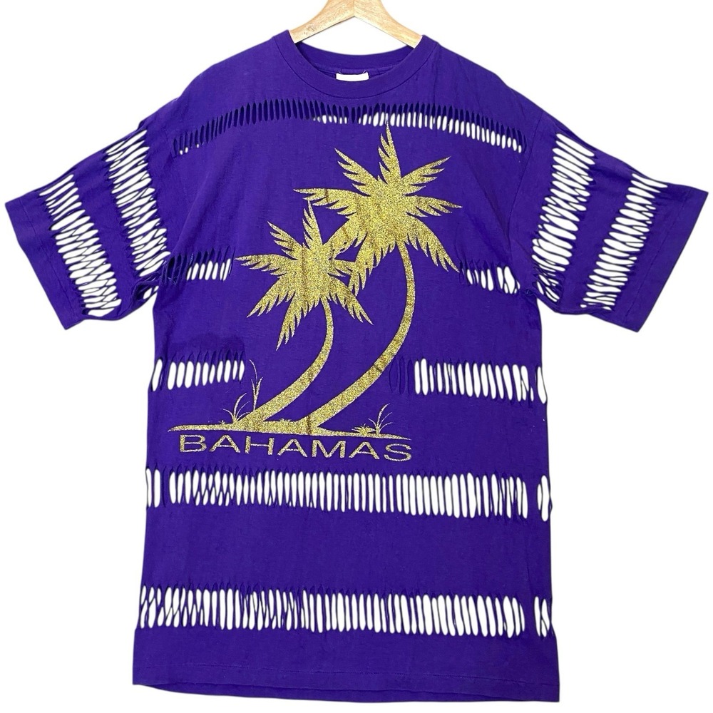 Vintage Bahamas Palm Tree Beach Cover Up Tunic Women XL Purple Y2K Single Stitch